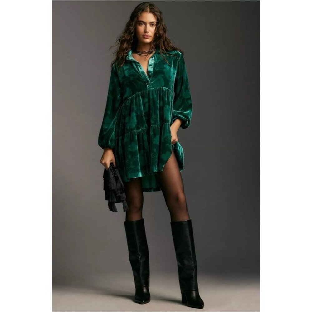 Maeve Anthropologie The Bettina Tiered Mini Shirt Dress Holly Velvet